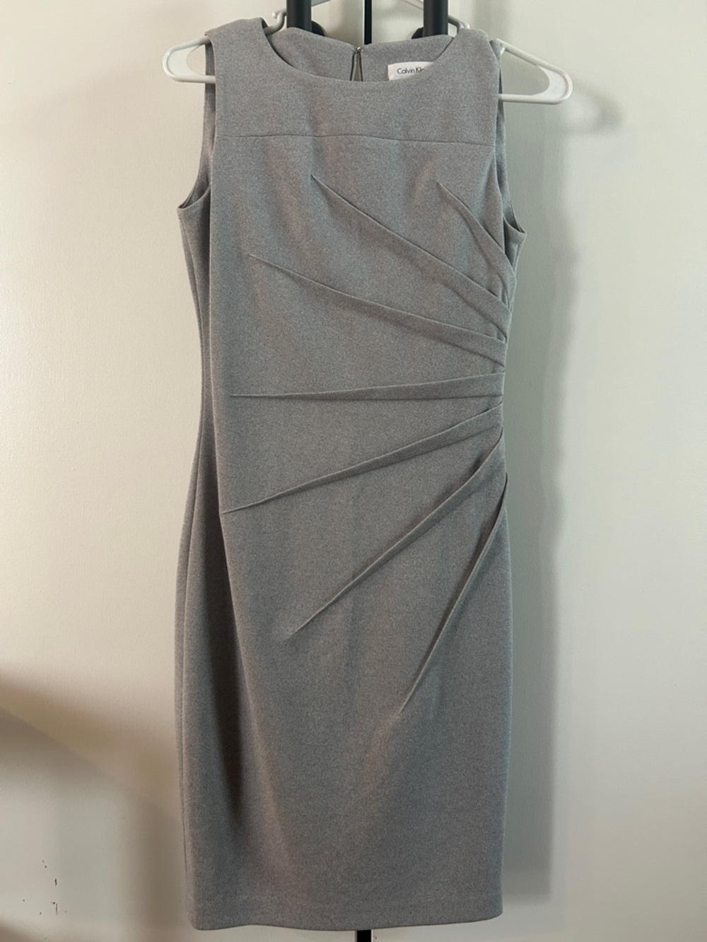 Calvin Klein Light Gray Sleeveless Sheath Dress with Radial Pleats